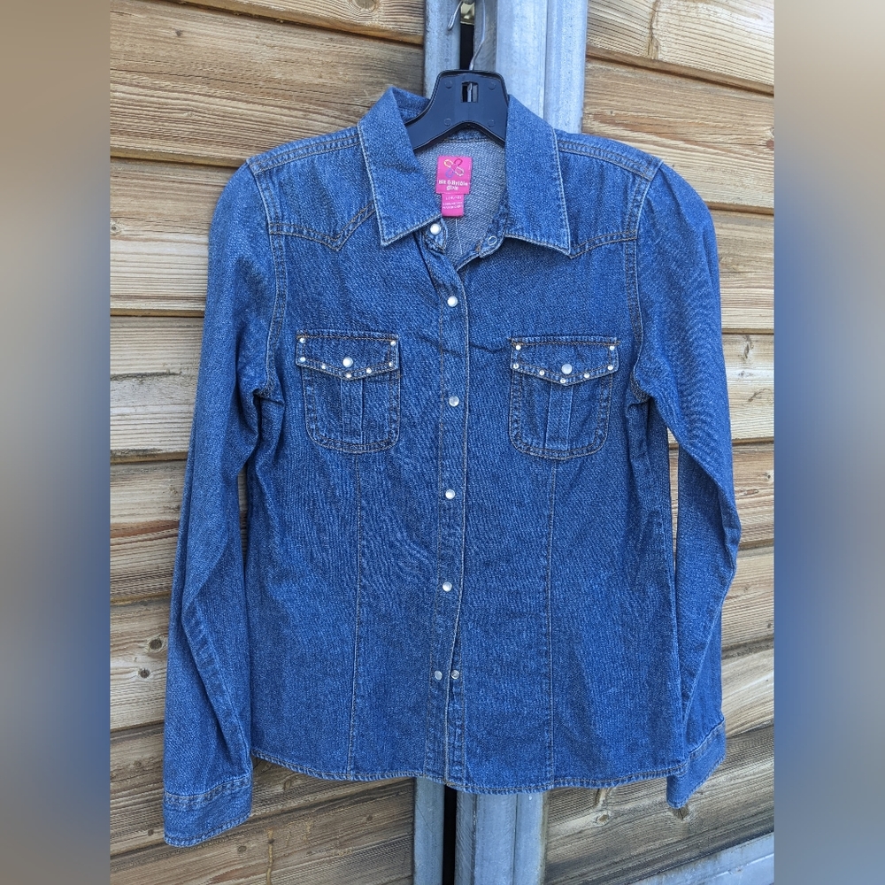 Bit & Bridle denim shirt, Girls size Large 14-16, Rhinestones, Snap shirt